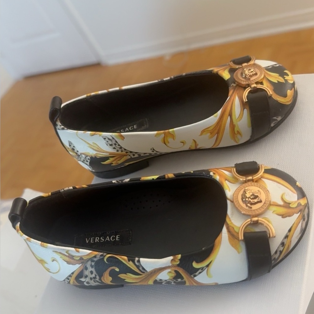Versace Girls White Black Gold Baroque Ballet Flats
